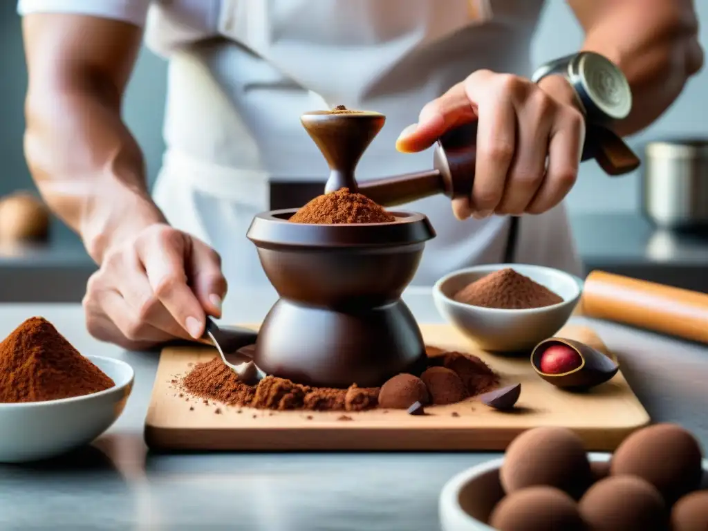 Chef moderno utilizando el molinillo de chocolate peruano en cocina contemporánea