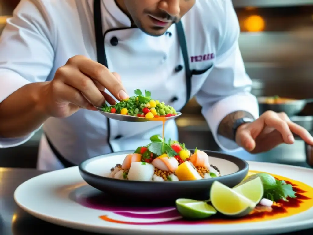 Un chef moderno aplicando tecnología para mejorar el sabor de un ceviche en restaurante peruano