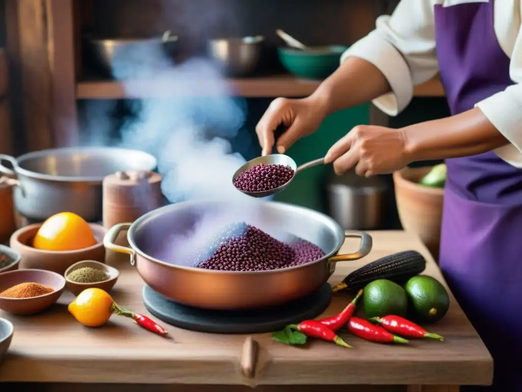 Un chef preparando Mazamorra Morada en una cocina peruana tradicional