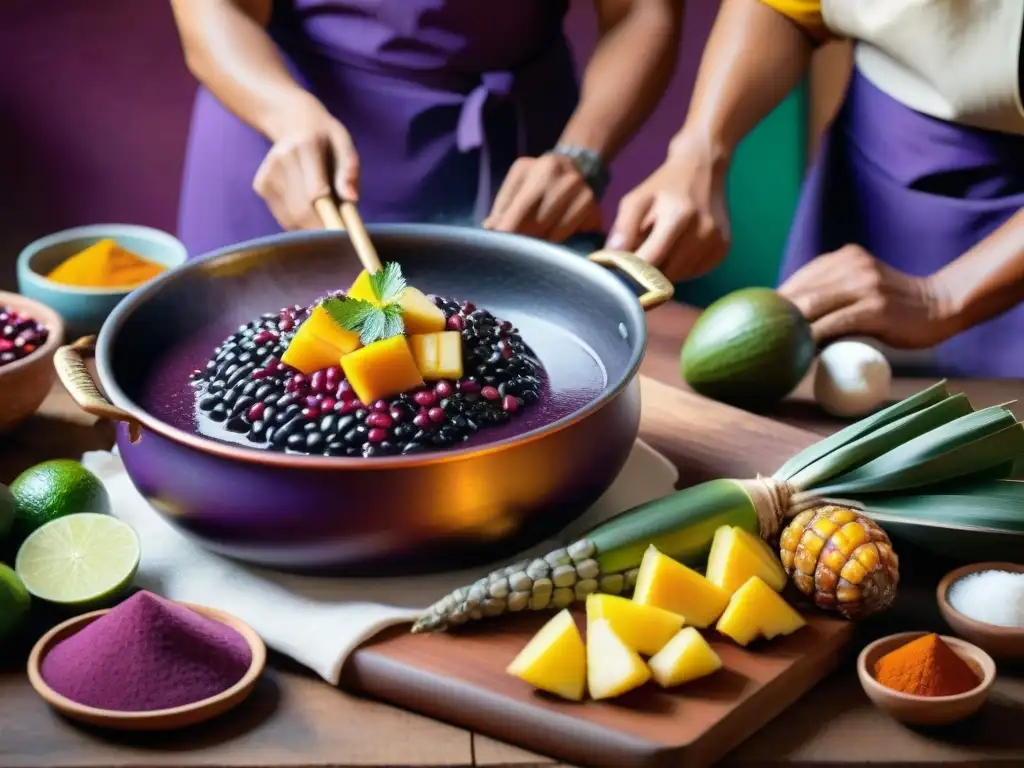 Un chef preparando Mazamorra Morada en cocina tradicional peruana