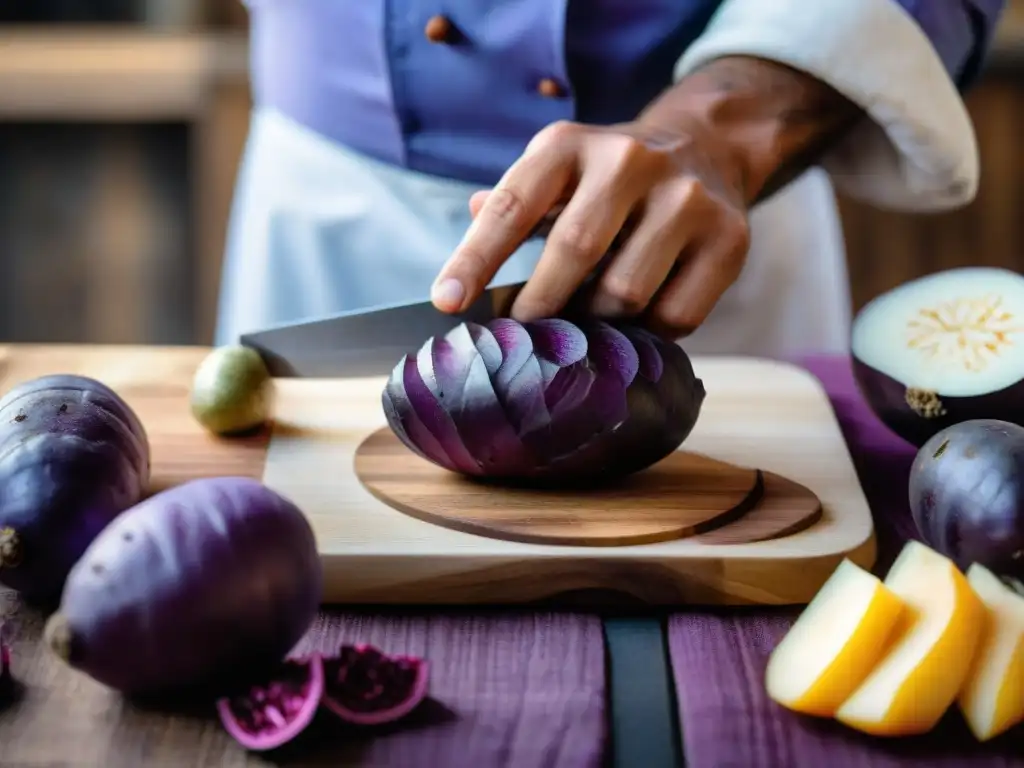 Un chef cortando una papa morada peruana, resaltando sus patrones y texturas, con telas andinas de fondo