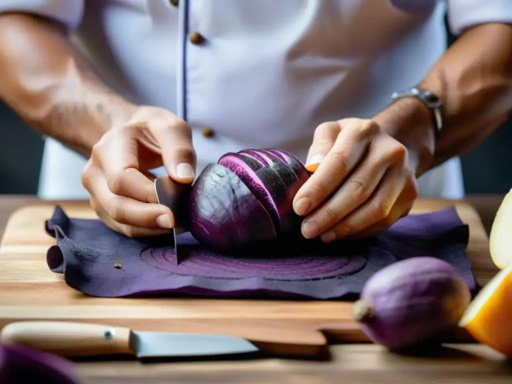 Chef cortando una papa morada peruana en restaurante innovador gastronomía peruana