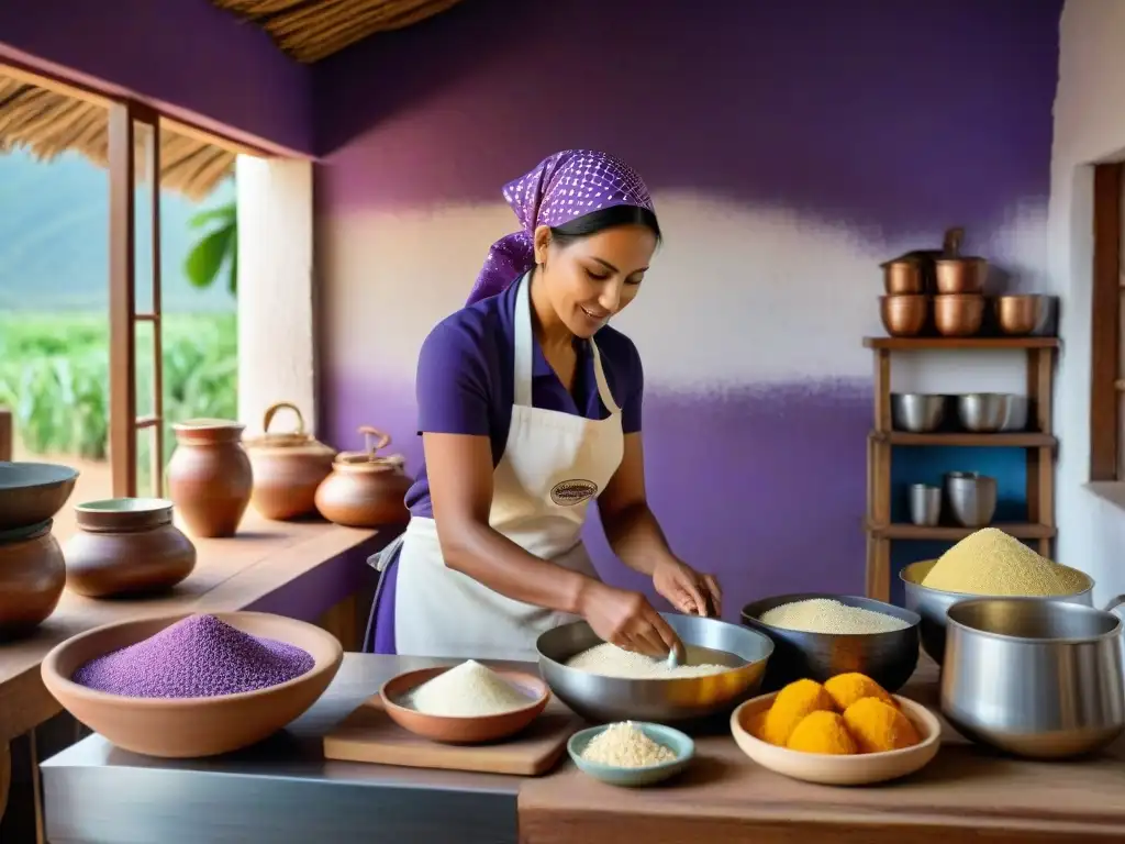 Un chef muele maíz morado para arepas en una cocina costera tradicional