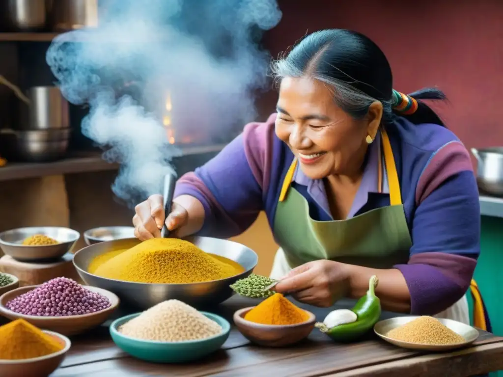 Un chef y una mujer peruana en una cocina ancestral llena de ingredientes vibrantes