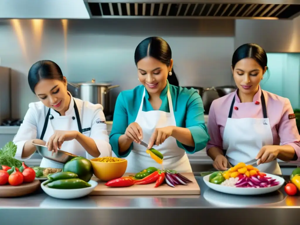 Chef mujeres peruanas preparando platos icónicos con destreza y pasión en cocina moderna