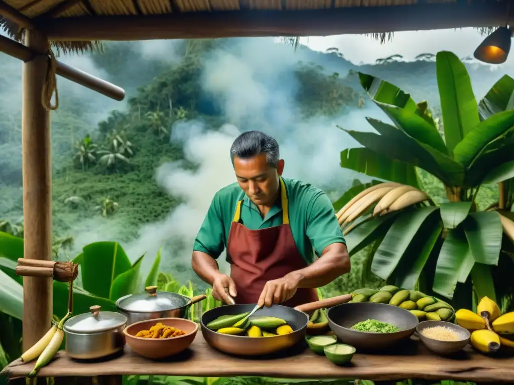 Chef nativo amazónico preparando piqueos selváticos amazónicos con ingredientes vibrantes en cocina rústica rodeada de exuberante vegetación