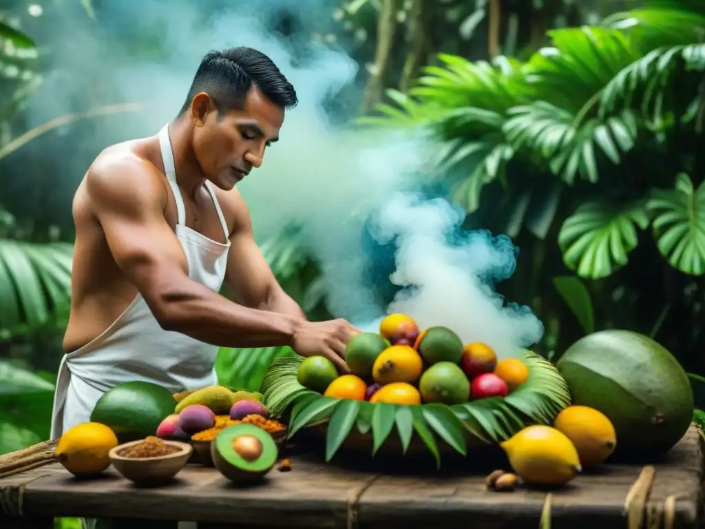 Un chef nativo peruano preparando ingredientes autóctonos en la selva amazónica