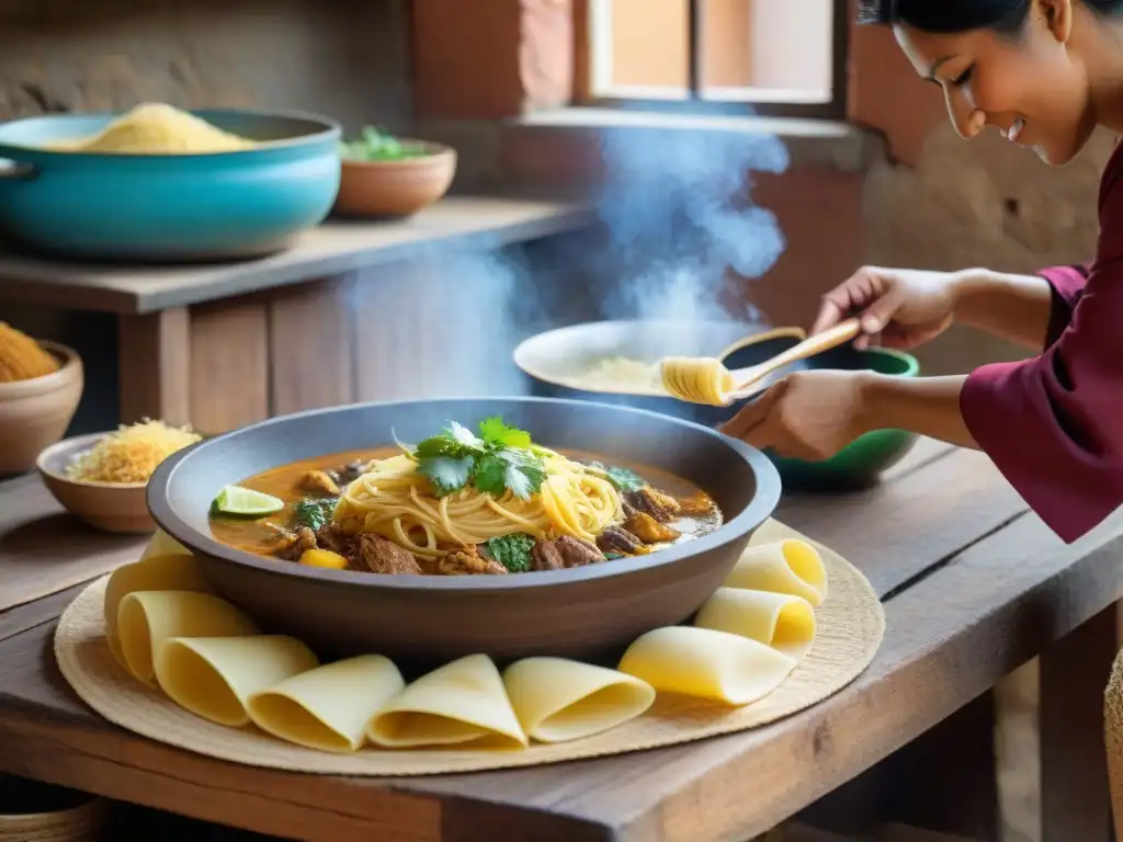 Un chef norteño prepara Sopa Seca en una cocina tradicional peruana, creando un plato auténtico