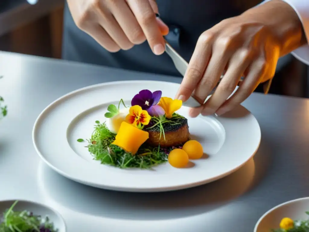 Un chef crea nuevas versiones de ají de gallina con toques innovadores en un plato blanco impecable en una cocina profesional