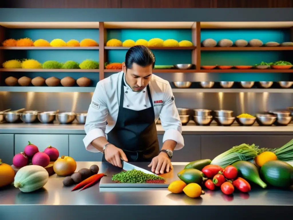 Chef Jaime Pesaque: Maestro de la cocina peruana Chef Jaime Pesaque creando una obra maestra de la cocina de vanguardia peruana en un ambiente vibrante y lleno de tradición