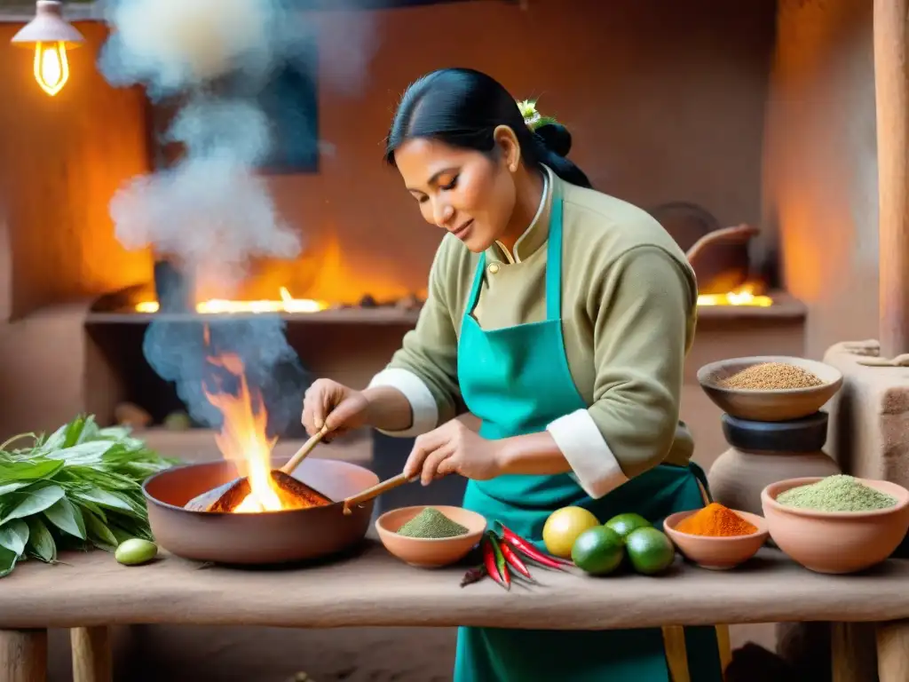 Chef preparando Olluco con charqui receta tradicional en cocina peruana rústica con fogón de barro