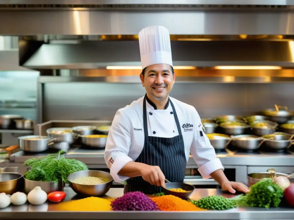 Chef Palmiro Ocampo en la cocina del 1087 Bistro, creando platos de cocina peruana fusión ingredientes autóctonos