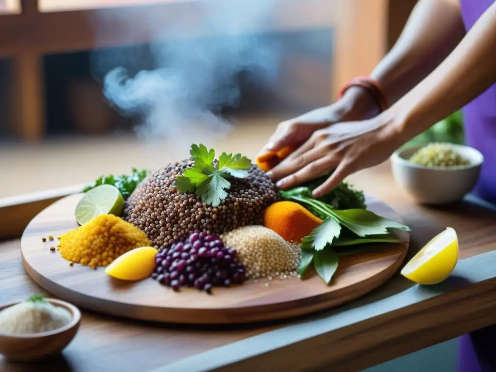 Un chef crea con pasión una composición culinaria con ingredientes peruanos en una hermosa fotografía gastronómica