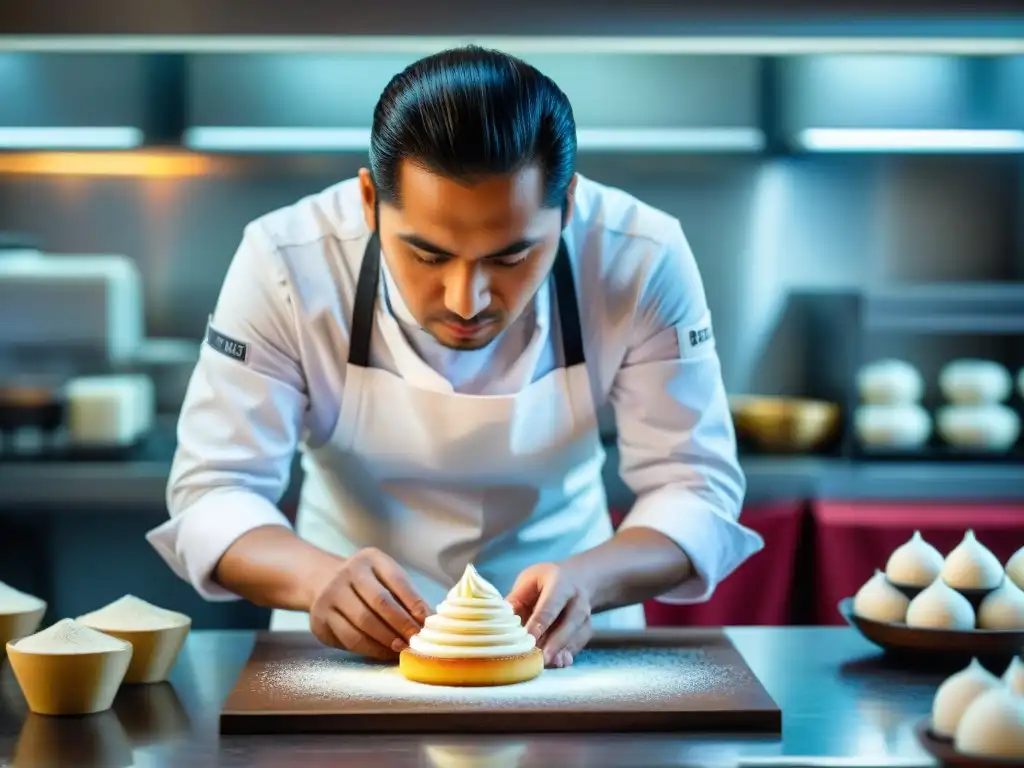 Chef de pastelería peruana usando tecnología 3D para decoraciones de azúcar intricadas en una cocina moderna y tradicional