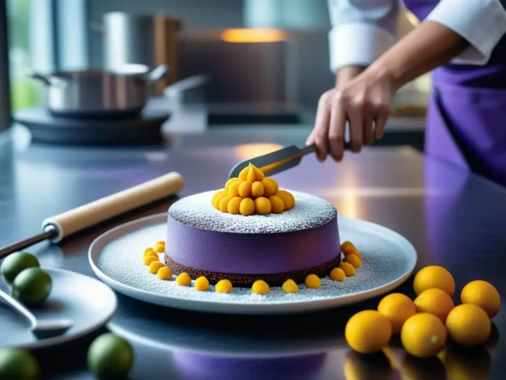 Chef experto prepara postre con harina morada en cocina moderna Un chef pastelero experto moldea con precisión un postre espectacular con harina de maíz morado en una cocina vanguardia peruana