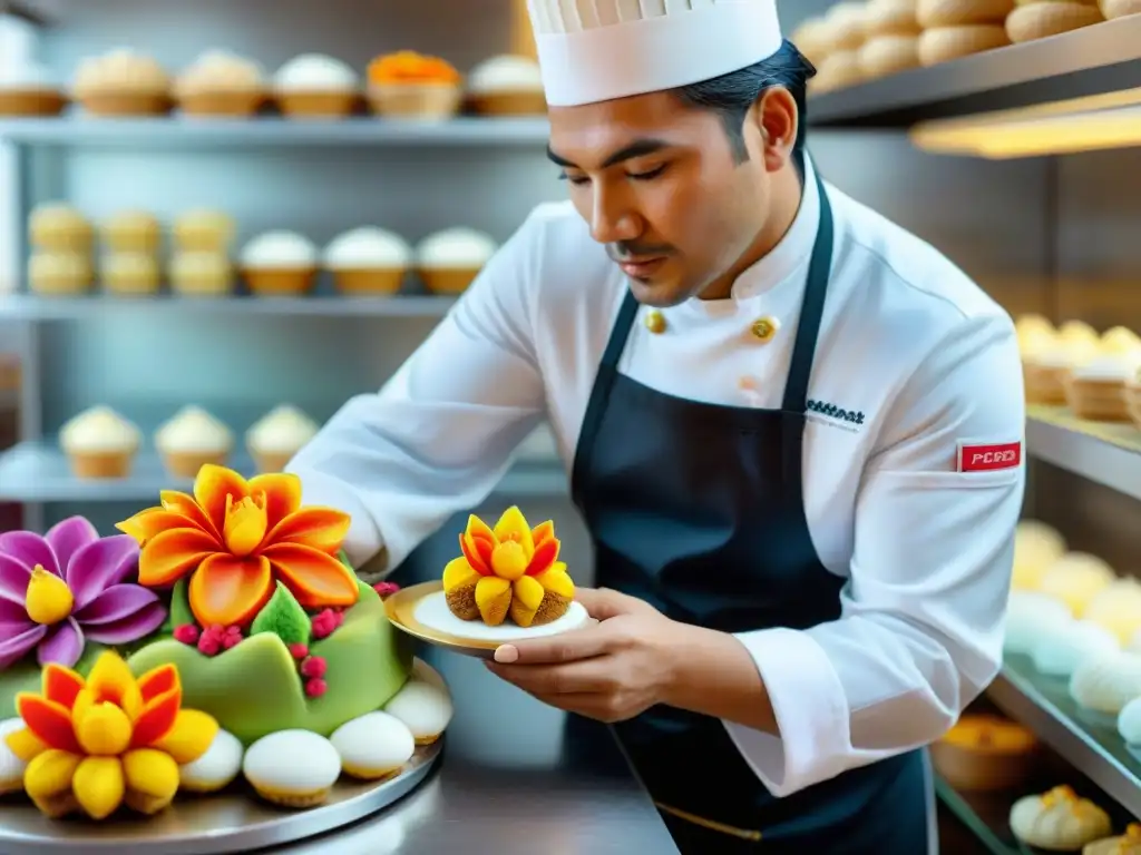 Un chef pastelero peruano crea una flor de azúcar comestible, fusionando técnicas tradicionales con tecnología 3D en una pastelería de Perú