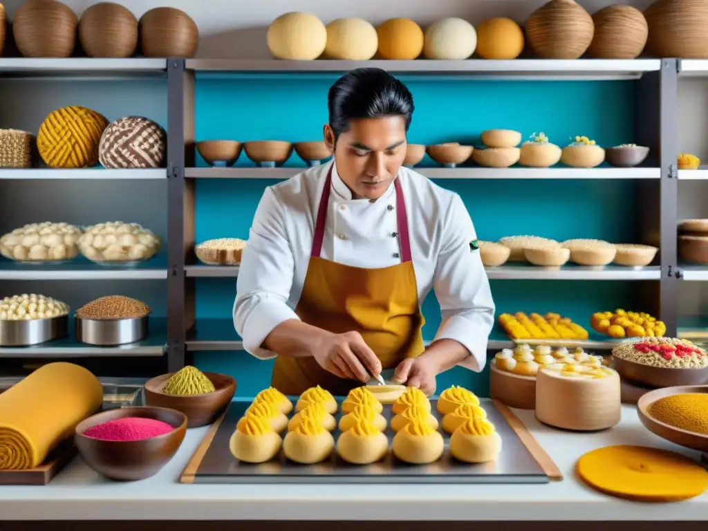 Un chef pastelero peruano utiliza tecnología 3D para crear innovadores postres en una escena colorida y detallada