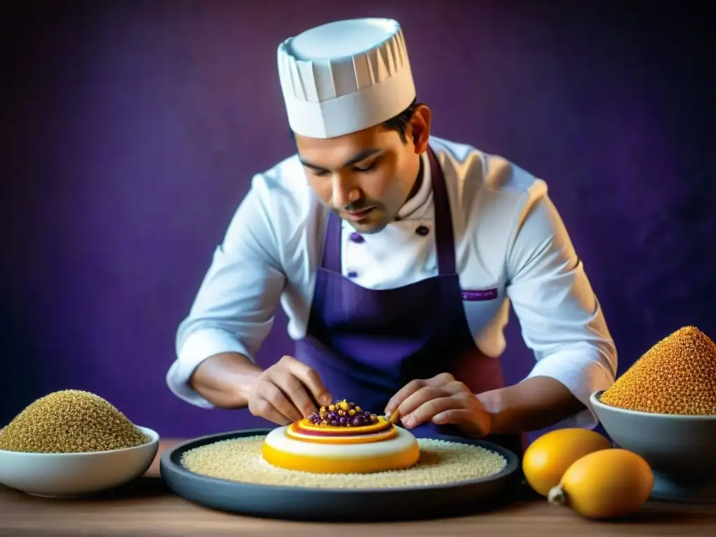 Un chef pastelero peruano crea un postre tradicional rodeado de ingredientes locales vibrantes