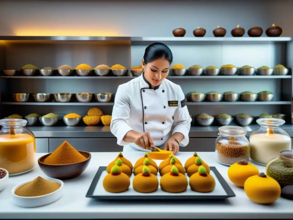 Un chef pastelero peruano creando un postre de lúcuma, rodeado de herramientas e ingredientes tradicionales