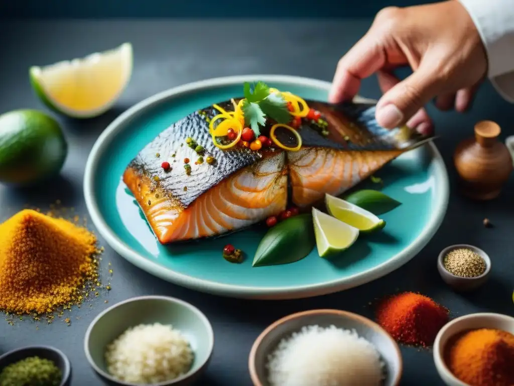 Chef preparando Patarashca receta pescado peruana con especias amazónicas, detalle de marinar pescado fresco