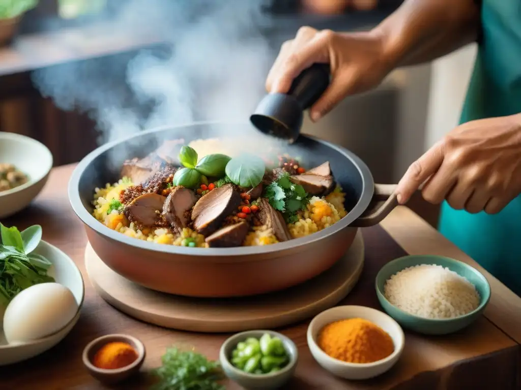 Un chef sazona Arroz con Pato a la Chiclayana en una cocina bulliciosa, creando una obra maestra culinaria