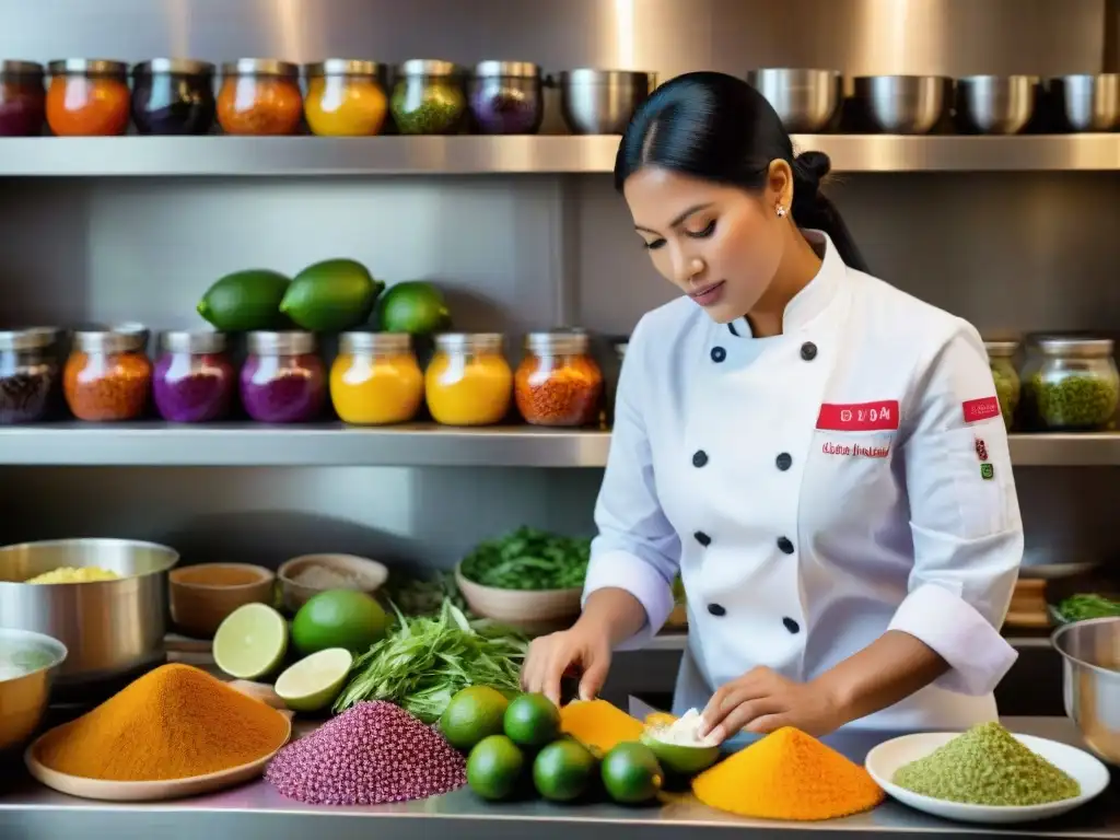 Una chef peruana preparando ceviche con ingredientes autóctonos en una cocina bulliciosa