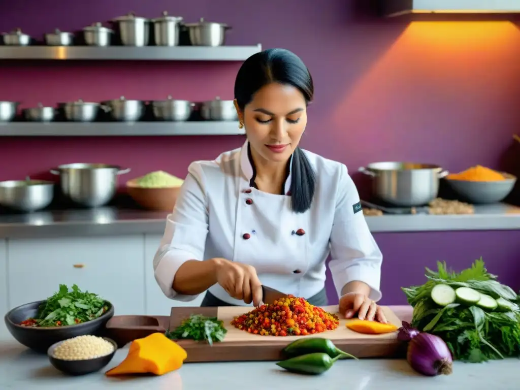 Una chef peruana prepara ceviche rodeada de ingredientes tradicionales