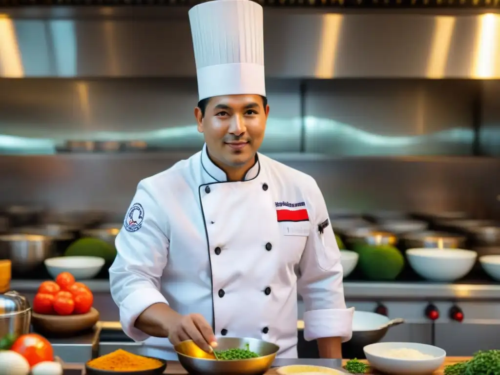 Chef peruana en cocina fusionando ingredientes peruanos con sabores internacionales, rodeada de su equipo en una cocina vibrante