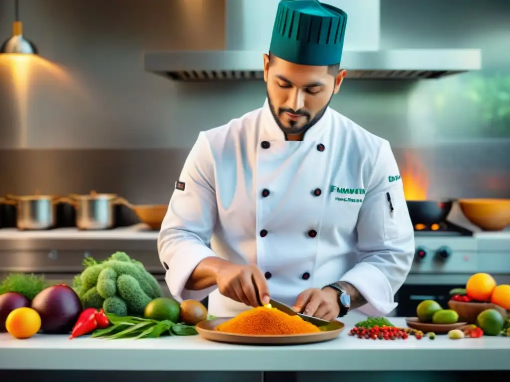 Una chef peruana preparando una fusión gastronómica en una cocina moderna, con ingredientes tradicionales y técnicas internacionales