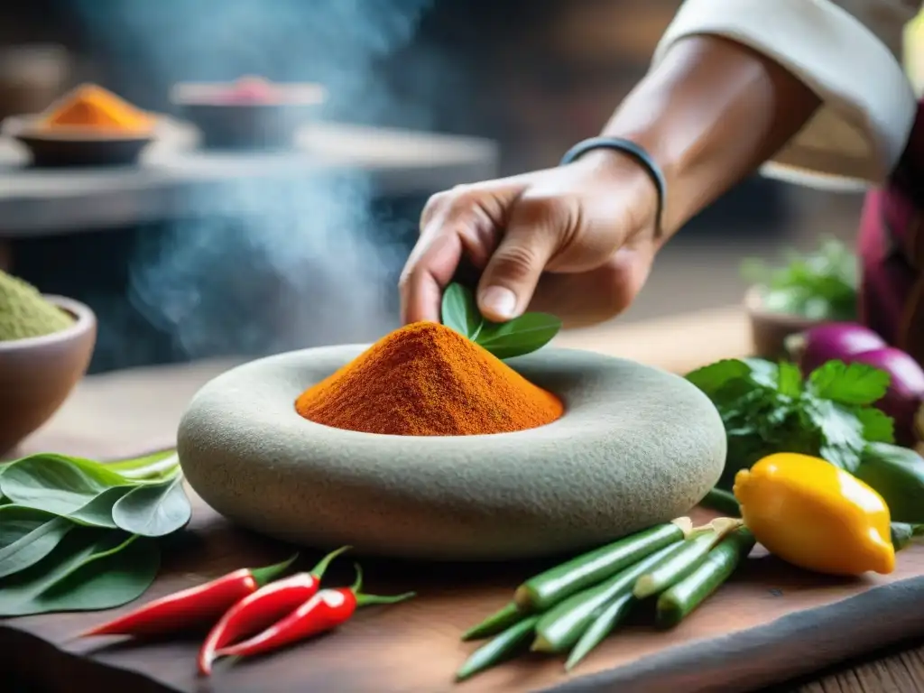 Chef peruano preparando salsa en batán tradicional Un chef hábil usando una batán peruana para mezclar ingredientes coloridos