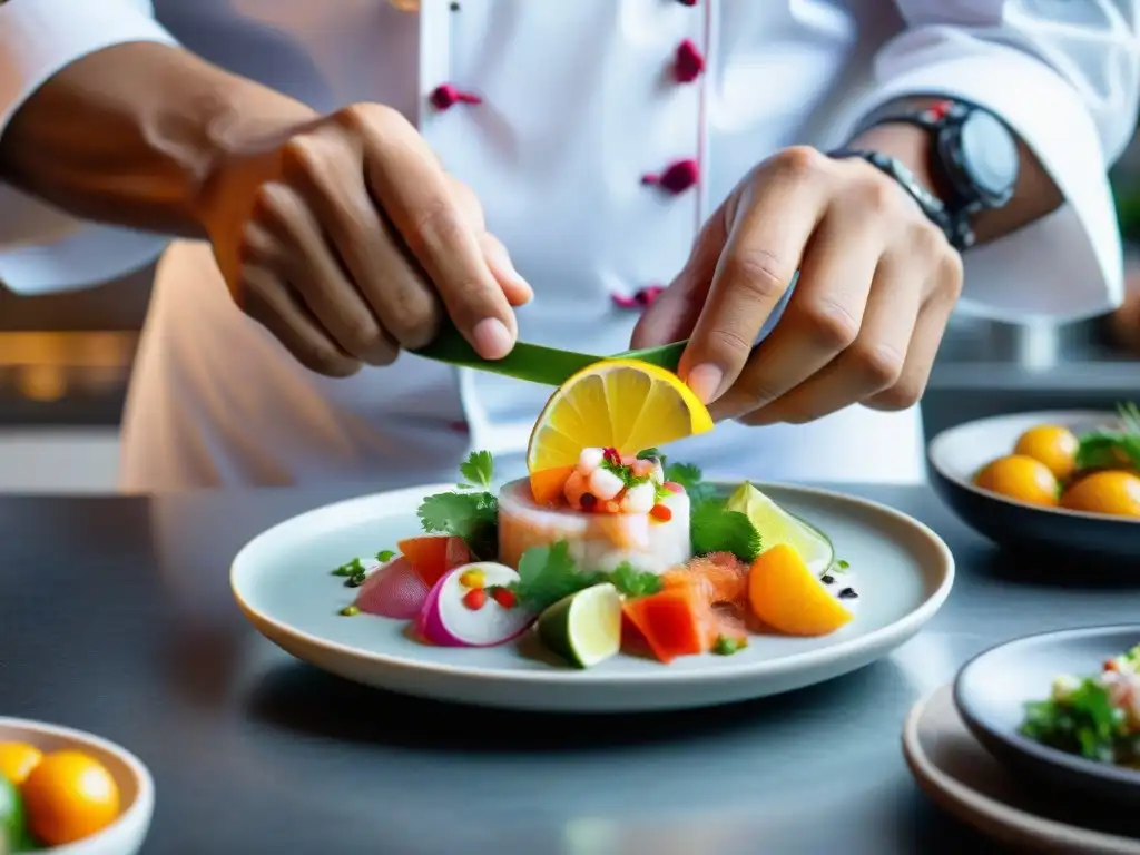 Chef peruana fusiona tradición y modernidad en ceviche, mostrando destreza y arte culinario