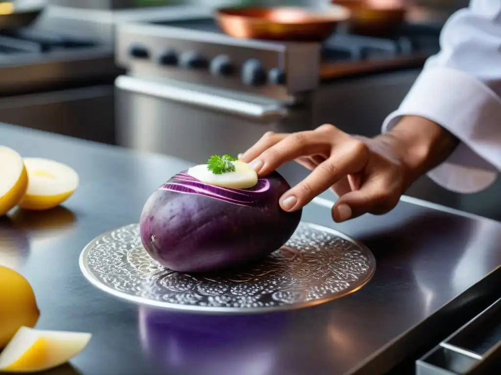 Un chef hábil cortando una papa peruana morada, fusionando técnicas de cocina peruana con contemporáneas en una cocina moderna