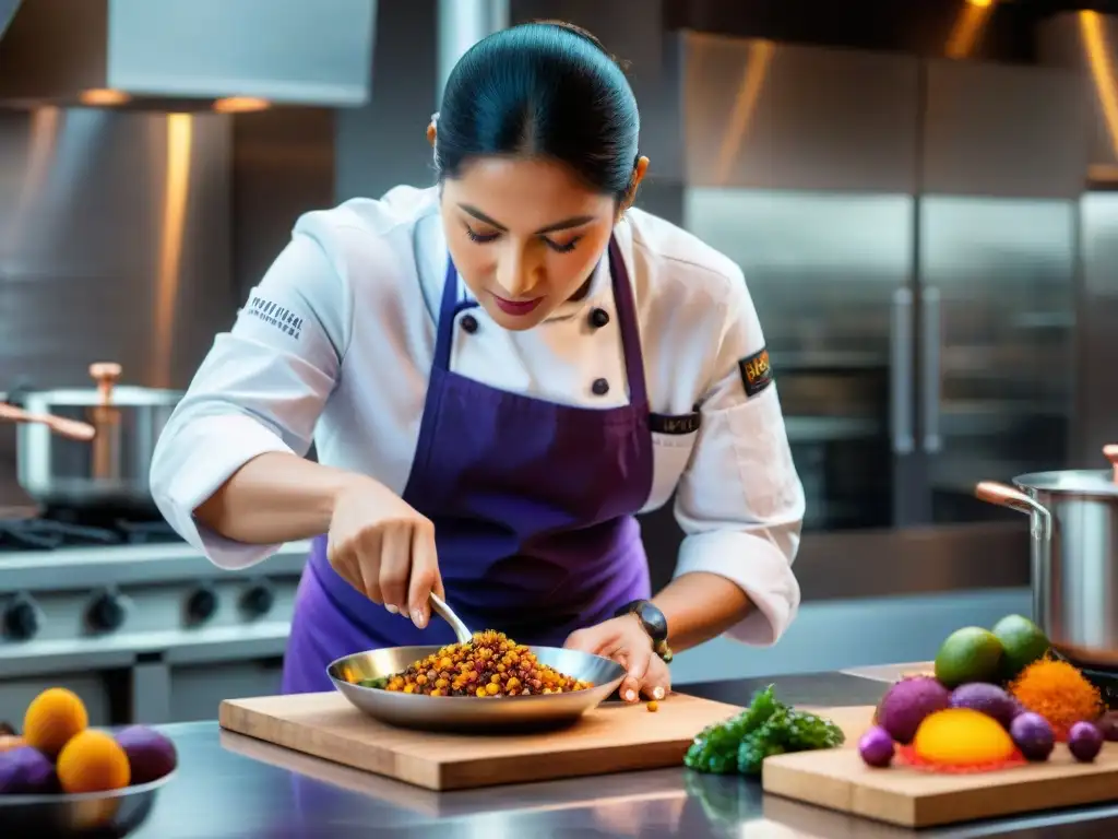 Chef peruana cocina fusión gastronomía: Chef Pía León crea con pasión un plato vibrante y detallado en su moderna cocina