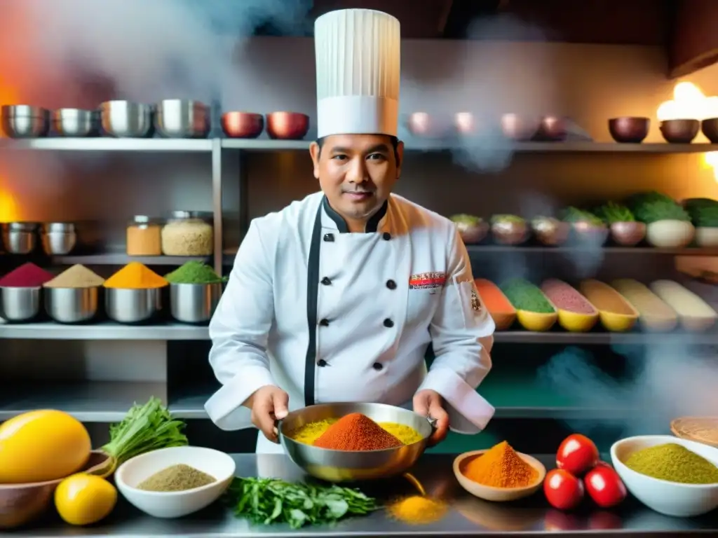 Chef peruana cocina fusión gastronomía: Chef peruana creando plato colorido en cocina vibrante