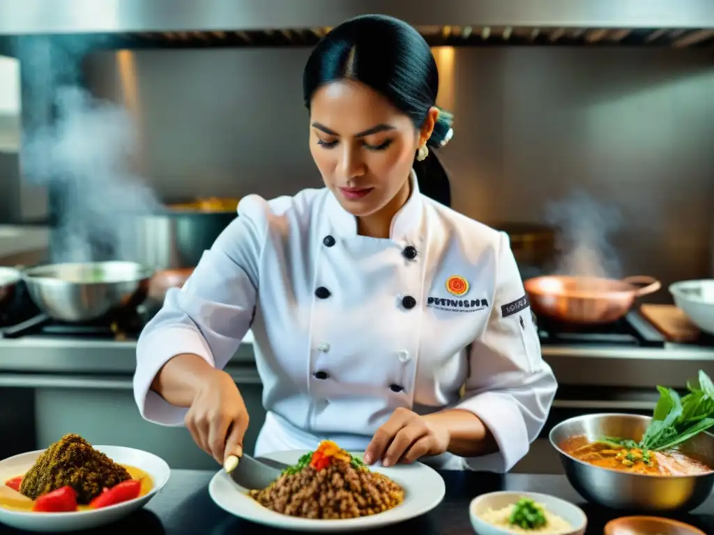 Una chef peruana preparando plato tradicional en cocina moderna, destreza y pasión