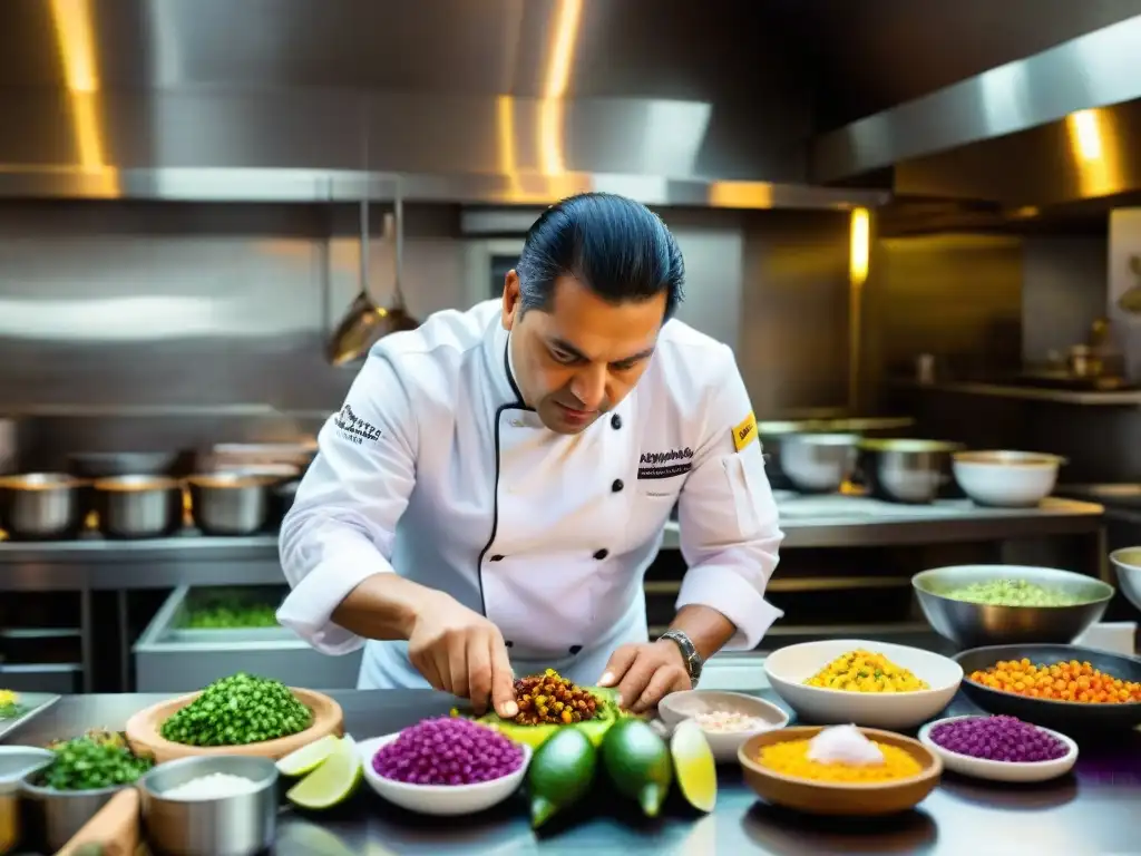 Chef peruano Gastón Acurio preparando ceviche en su bulliciosa cocina