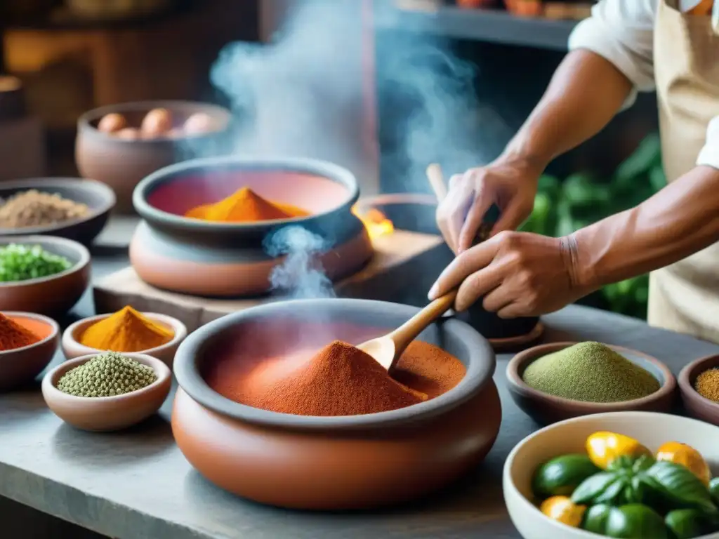 Un chef peruano prepara aderezos con especias coloridas en una cocina tradicional