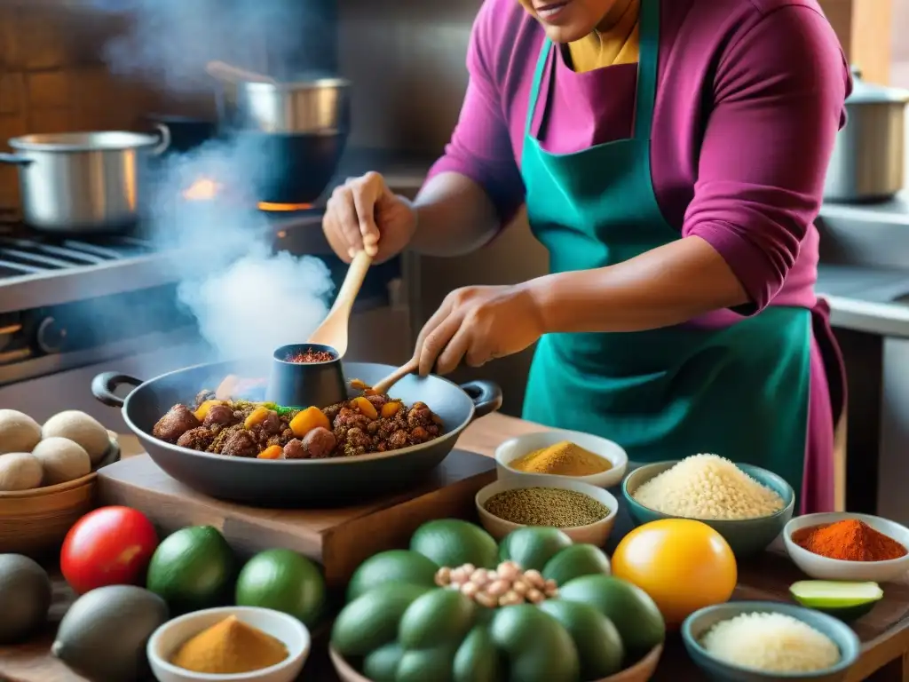 Un chef peruano prepara con maestría el Adobo Arequipeño en una cocina tradicional, mostrando la receta paso a paso