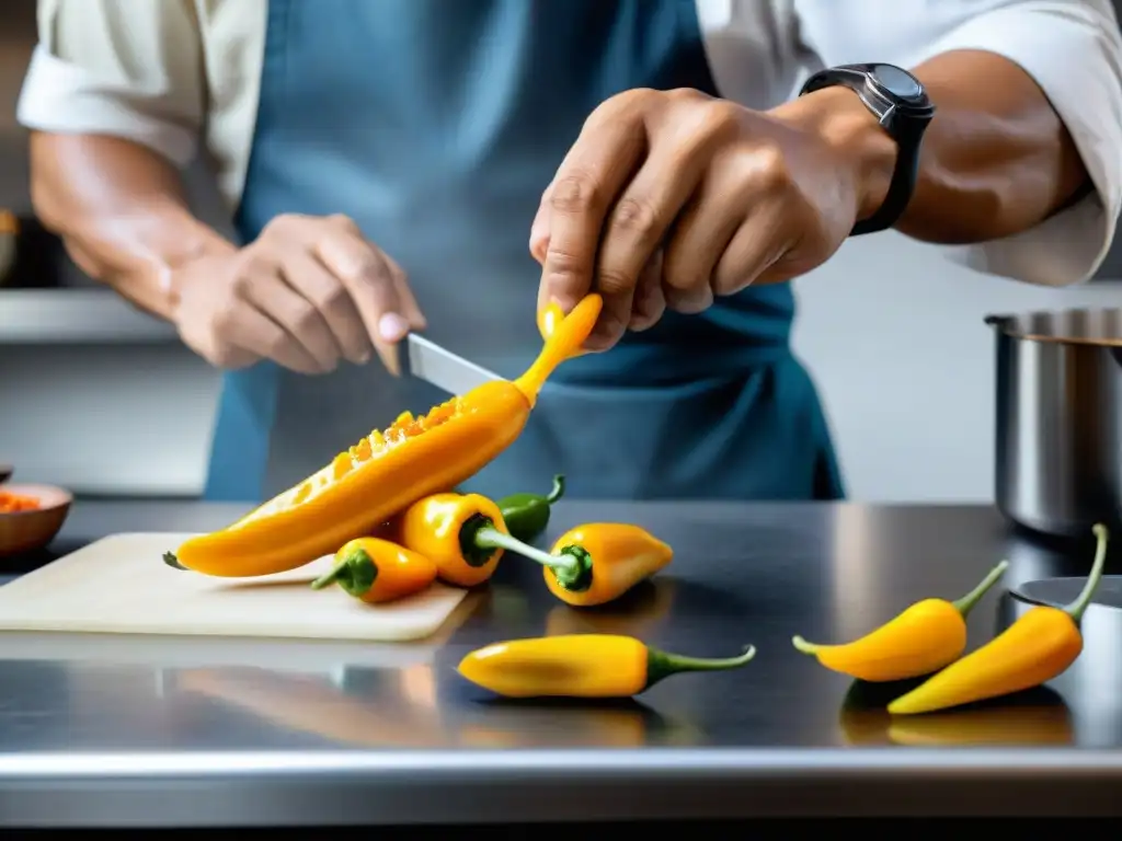 Un chef peruano cortando ají amarillo en una cocina bulliciosa