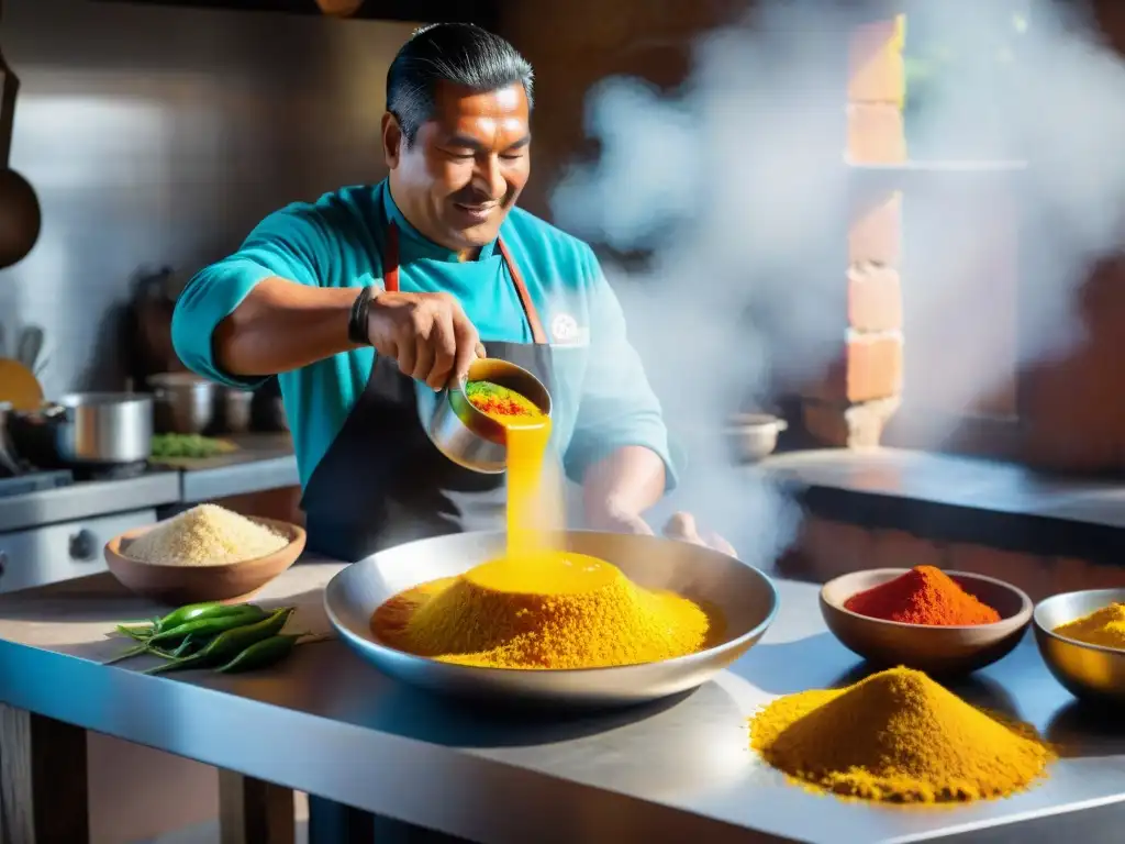 Un chef peruano prepara con maestría salsa de ají amarillo en una cocina rústica