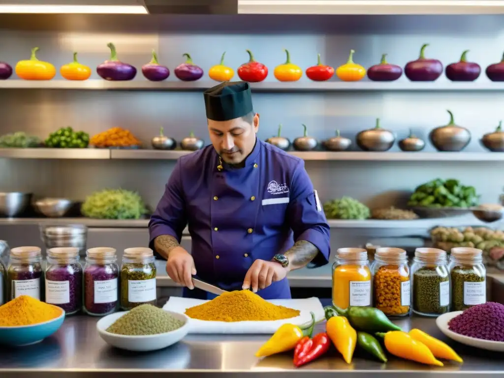 Un chef peruano fusiona aji amarillo y mashua morada, resaltando la precisión y arte de la gastronomía peruana con ingredientes autóctonos