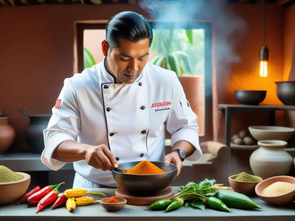 Un chef peruano prepara ají cusqueño en un mortero de piedra, rodeado de ingredientes frescos y utensilios tradicionales