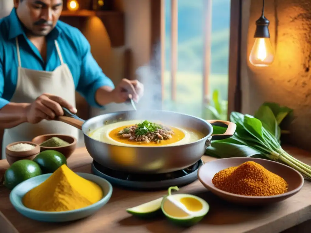 Un chef peruano preparando Aji de Gallina en una cocina rústica, resaltando la gastronomía peruana tradicional autóctona