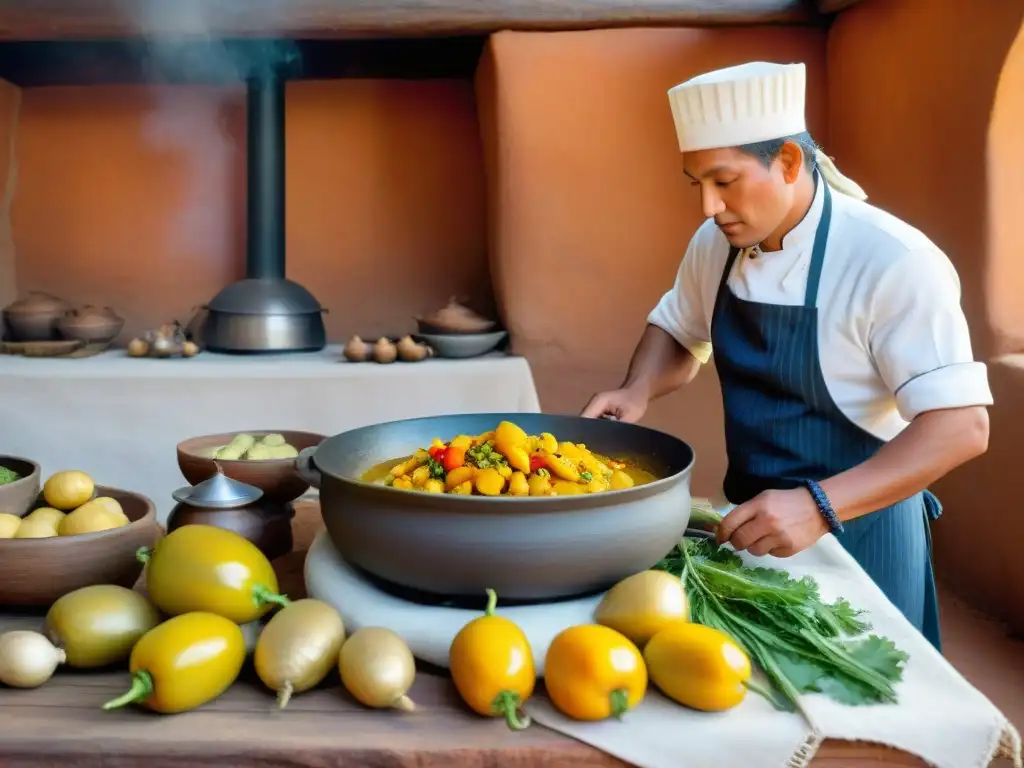 Un chef peruano preparando ají de gallina en una cocina tradicional, resaltando la riqueza culinaria