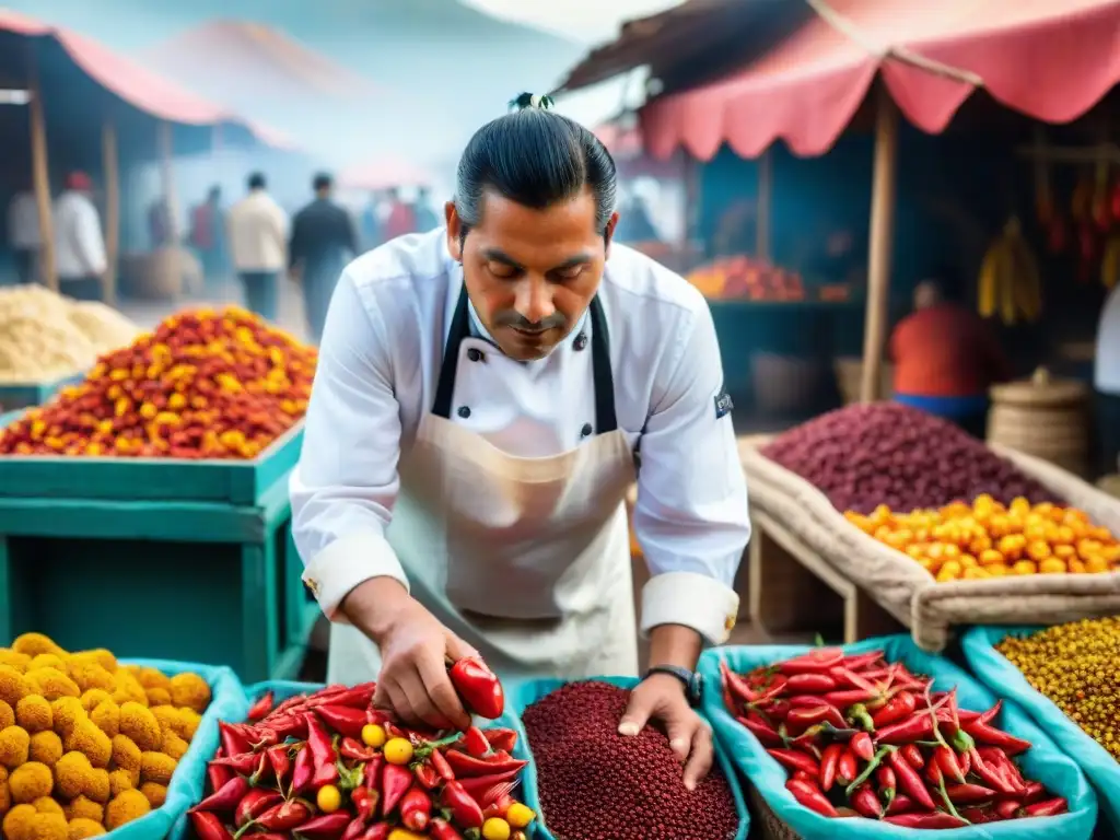 Un chef peruano seleccionando Ají Moche en un mercado bullicioso, con ruinas incas de fondo