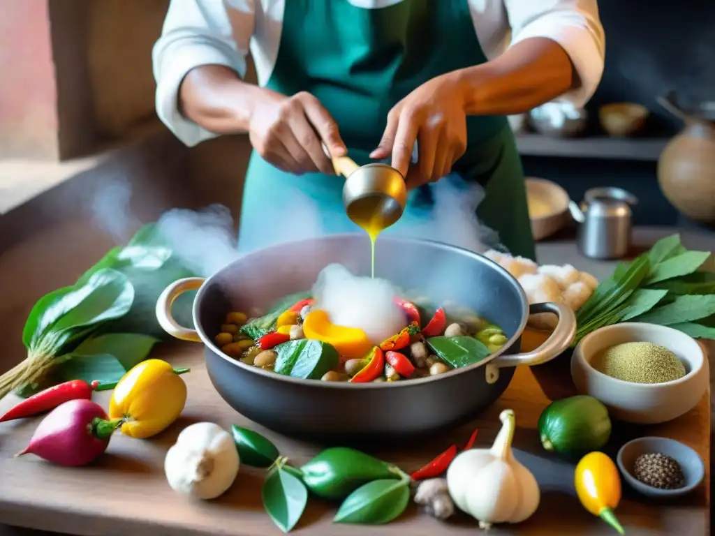 Un chef peruano preparando un Ajiaco de Olluco con ingredientes peruanos en una cocina rústica