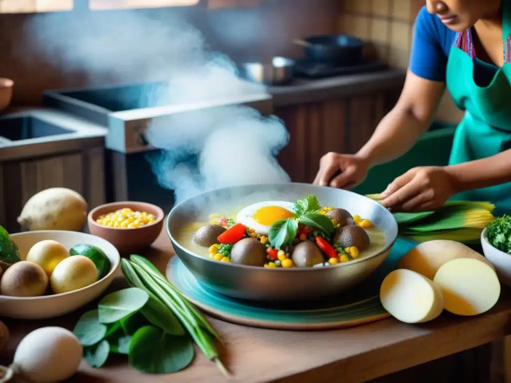 Un chef peruano prepara un ajiaco de olluco en una cocina tradicional, destacando la rica gastronomía peruana