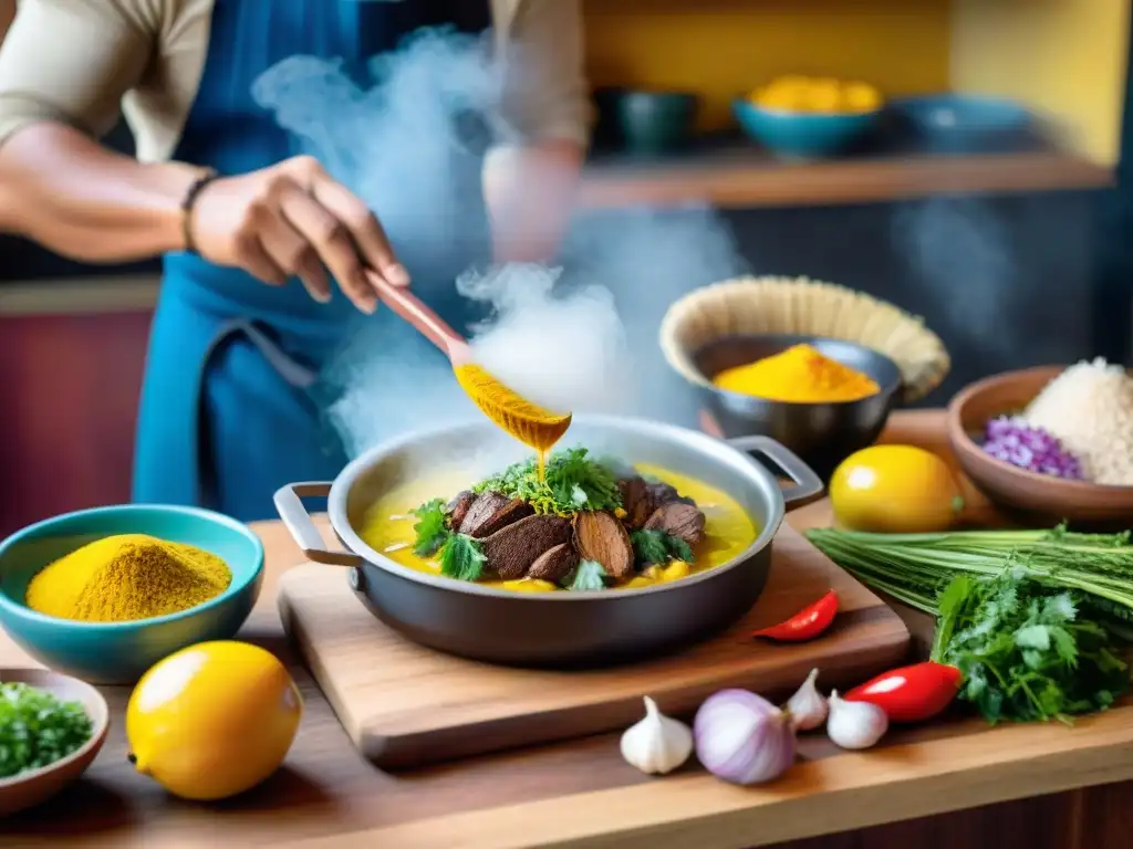 Un chef peruano preparando Ajiaco de Olluco con ingredientes peruanos en una cocina tradicional