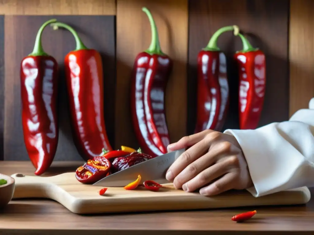 Un chef peruano cortando ajíes panca rojos en una tabla de madera, evocando autenticidad y tradición culinaria