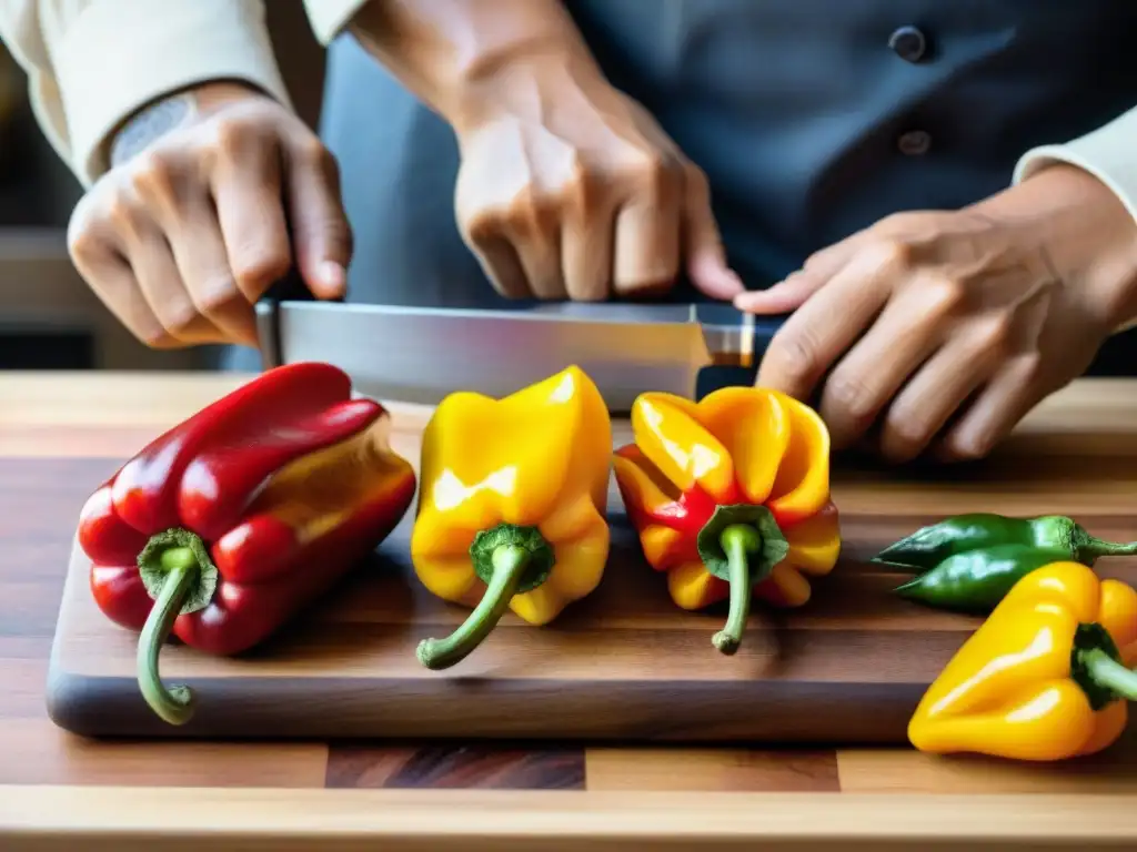 Un chef peruano cortando ajíes rojos y amarillos en una cocina tradicional